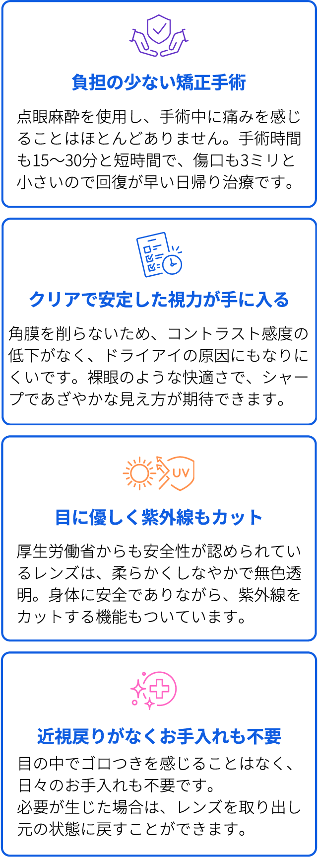 負担の少ない矯正手術・クリアで安定した視力が手に入る・目に優しく紫外線もカット・禁止戻りがなくお手入れも不要