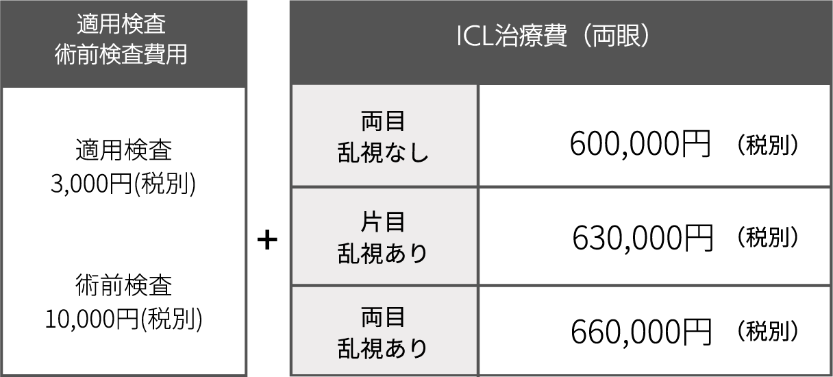 適用検査 術前検査費用＋ICL治療費（両眼）